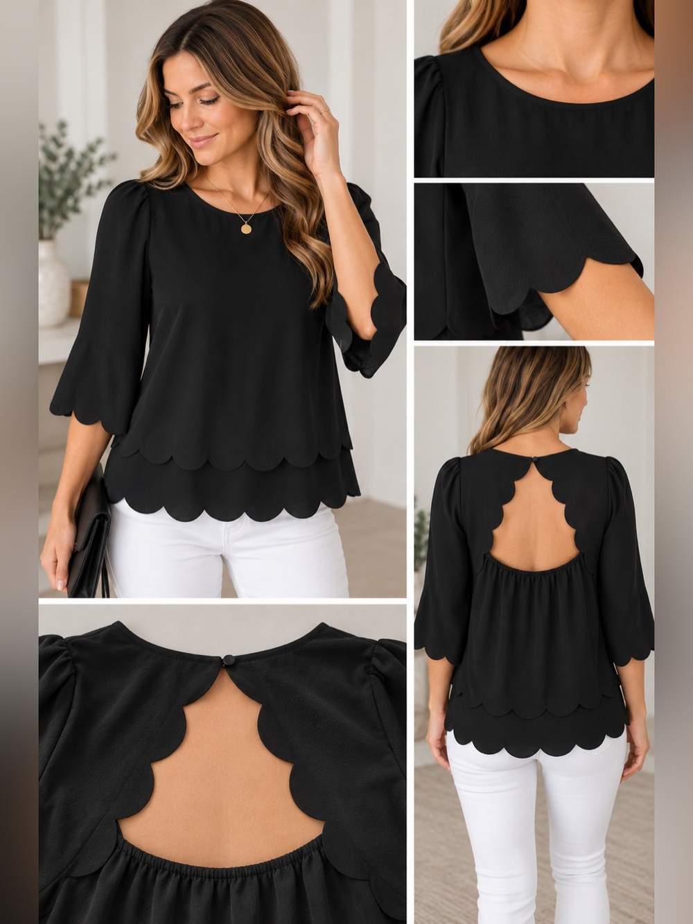Papermoon Black Scalloped Detail Blouse with Statement Sleeves